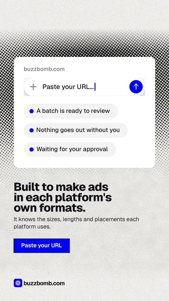 Instagram story for BuzzBomb: "Built to make ads in each platform's own formats." Ink sticker style, bottom layout, light palette in white, grey.