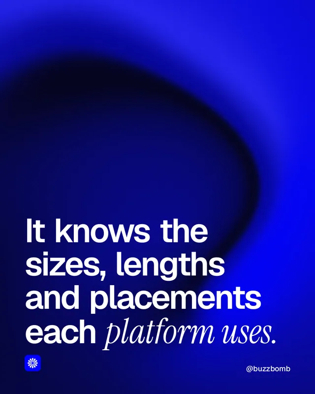 Instagram portrait post for BuzzBomb: "It knows the sizes, lengths and placements each platform uses." Auto 4x5 style, technique:shader field layout, dark palette in blue.