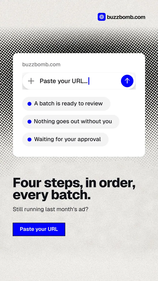 Instagram story for BuzzBomb: "Four steps, in order, every batch." Ink sticker style, bottom layout, light palette in white, grey.