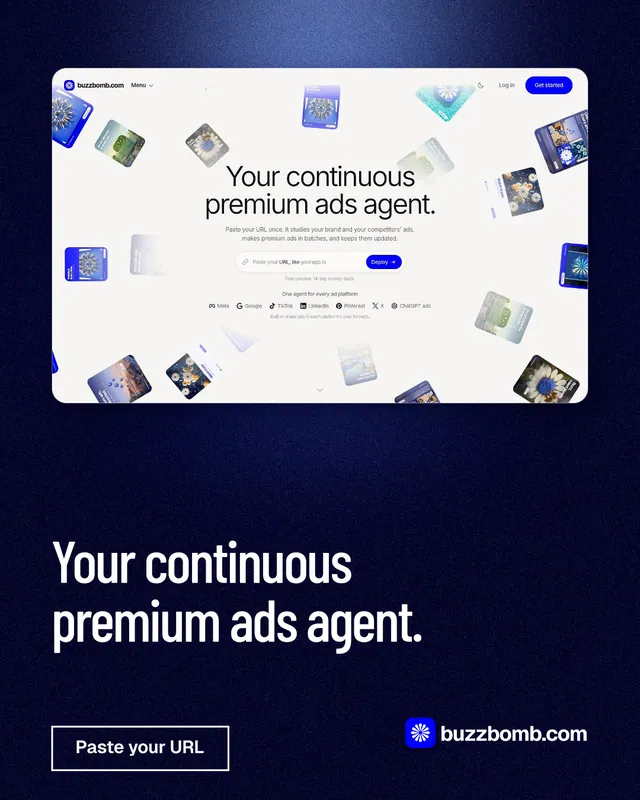 Instagram portrait post for BuzzBomb: "Your continuous premium ads agent." Dark deco style, bottom layout, dark palette in black, white, grey.