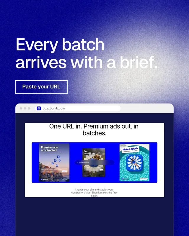 Instagram portrait post for BuzzBomb: "Every batch arrives with a brief." Cyanotype style, browser layout, dark palette in blue, white.