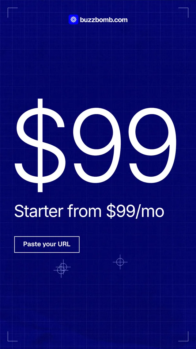 Instagram story for BuzzBomb: "Your product, in the first second." Blueprint style, stat layout, dark palette in blue.