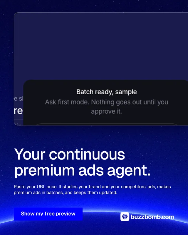 Instagram portrait post for BuzzBomb: "Your continuous premium ads agent." Swiss style, bottom layout, dark palette in blue, black.