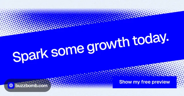 Social ad for BuzzBomb: "Spark some growth today." Swiss style, diagonal layout, dark palette in blue.