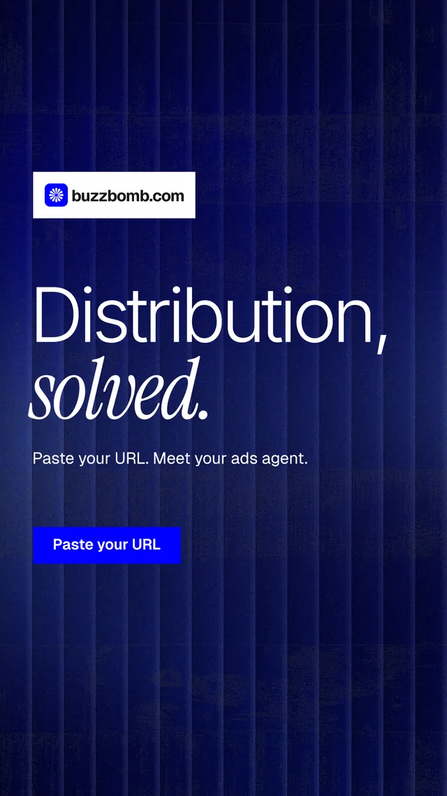 Instagram story for BuzzBomb: "Distribution, solved." Swiss style, announce layout, dark palette in blue.