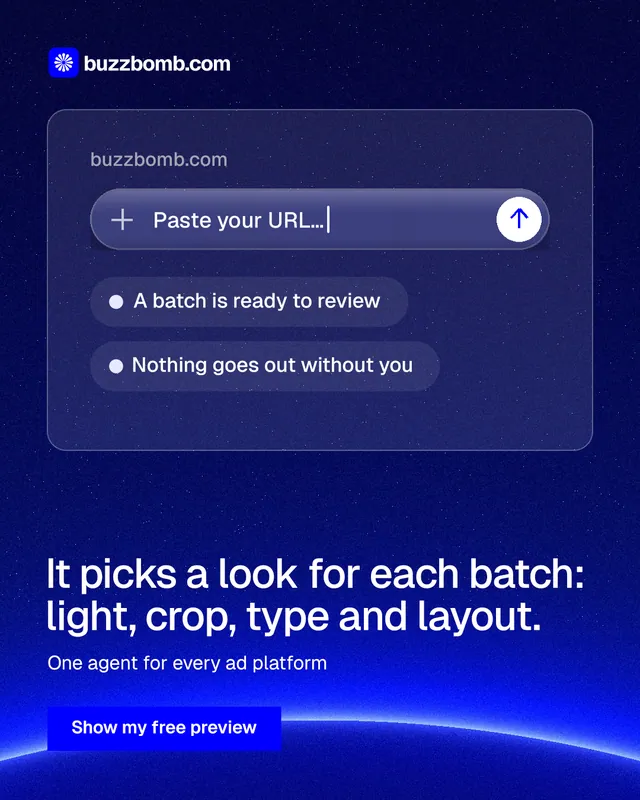 Instagram portrait post for BuzzBomb: "It picks a look for each batch: light, crop, type and layout." Swiss style, bottom layout, dark palette in blue.