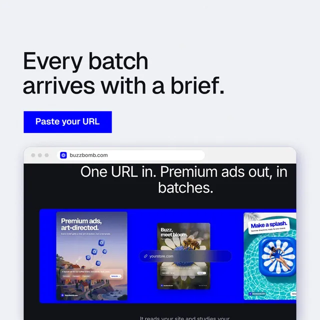 Instagram post for BuzzBomb: "Every batch arrives with a brief." Swiss style, browser layout, light palette in white, blue, grey.