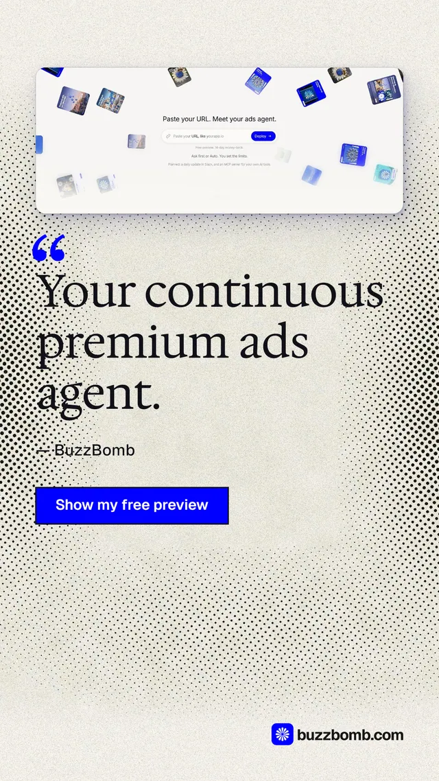 Instagram story for BuzzBomb: "Your continuous premium ads agent." Ink sticker style, quote layout, light palette in white, yellow, grey.