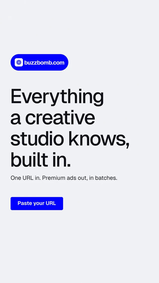 Instagram story for BuzzBomb: "Everything a creative studio knows, built in." Data card style, announce layout, light palette in white, blue.