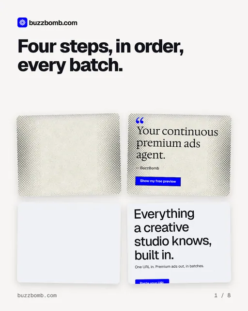 Carousel for BuzzBomb: "Four steps, in order, every batch.". Collection carousel, 8 slides, light palette.