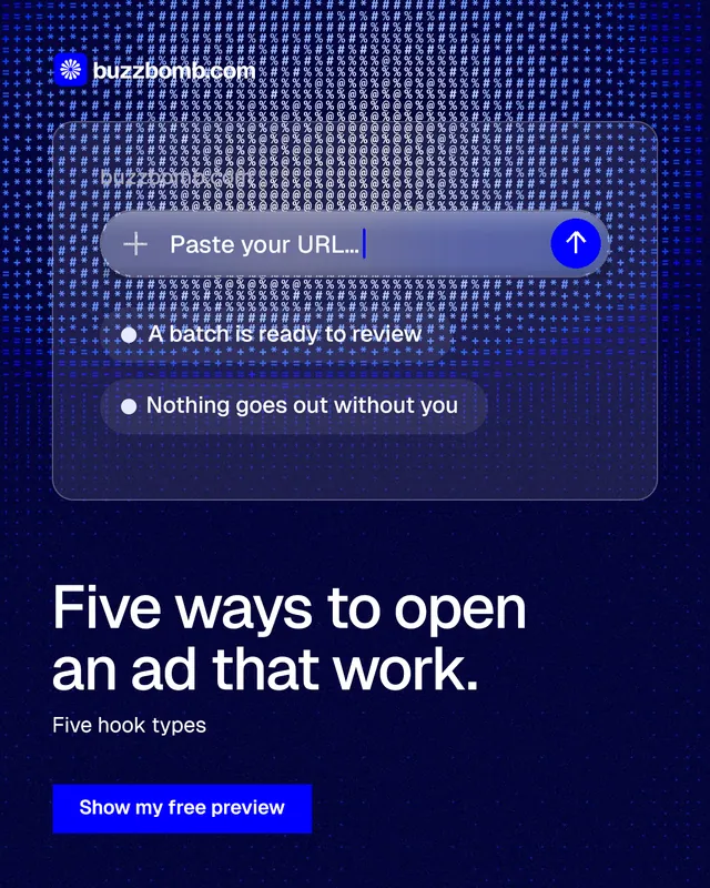 Instagram portrait post for BuzzBomb: "Five ways to open an ad that work." Swiss style, bottom layout, dark palette in blue, black.