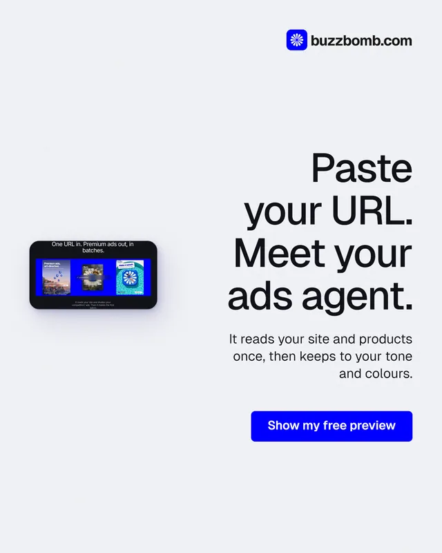 Instagram portrait post for BuzzBomb: "Paste your URL. Meet your ads agent." Data card style, right layout, light palette in white, blue.