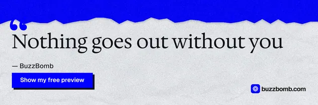 X header for BuzzBomb: "Nothing goes out without you". Paper trio style, quote layout, light palette in white, blue, grey.