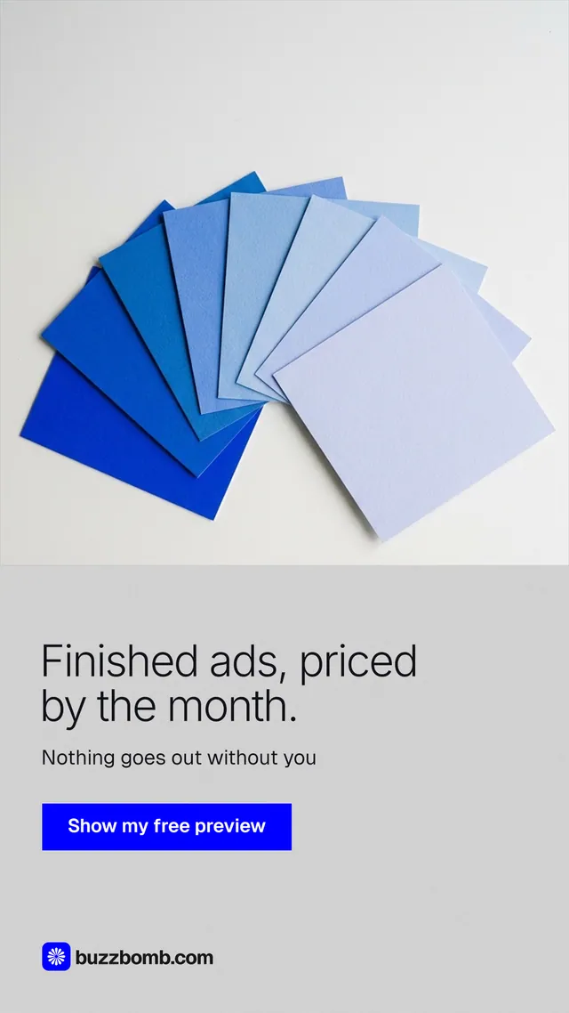 Instagram story for BuzzBomb: "Finished ads, priced by the month." Swiss style, bottom layout, light palette in white, blue.