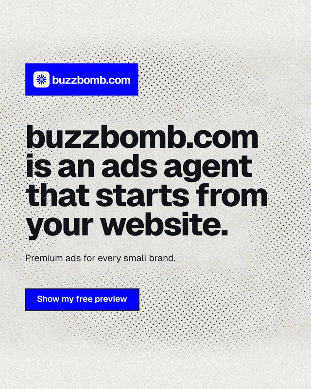 Instagram portrait post for BuzzBomb: "buzzbomb.com is an ads agent that starts from your website." Ink sticker style, announce layout, light palette in white, blue.