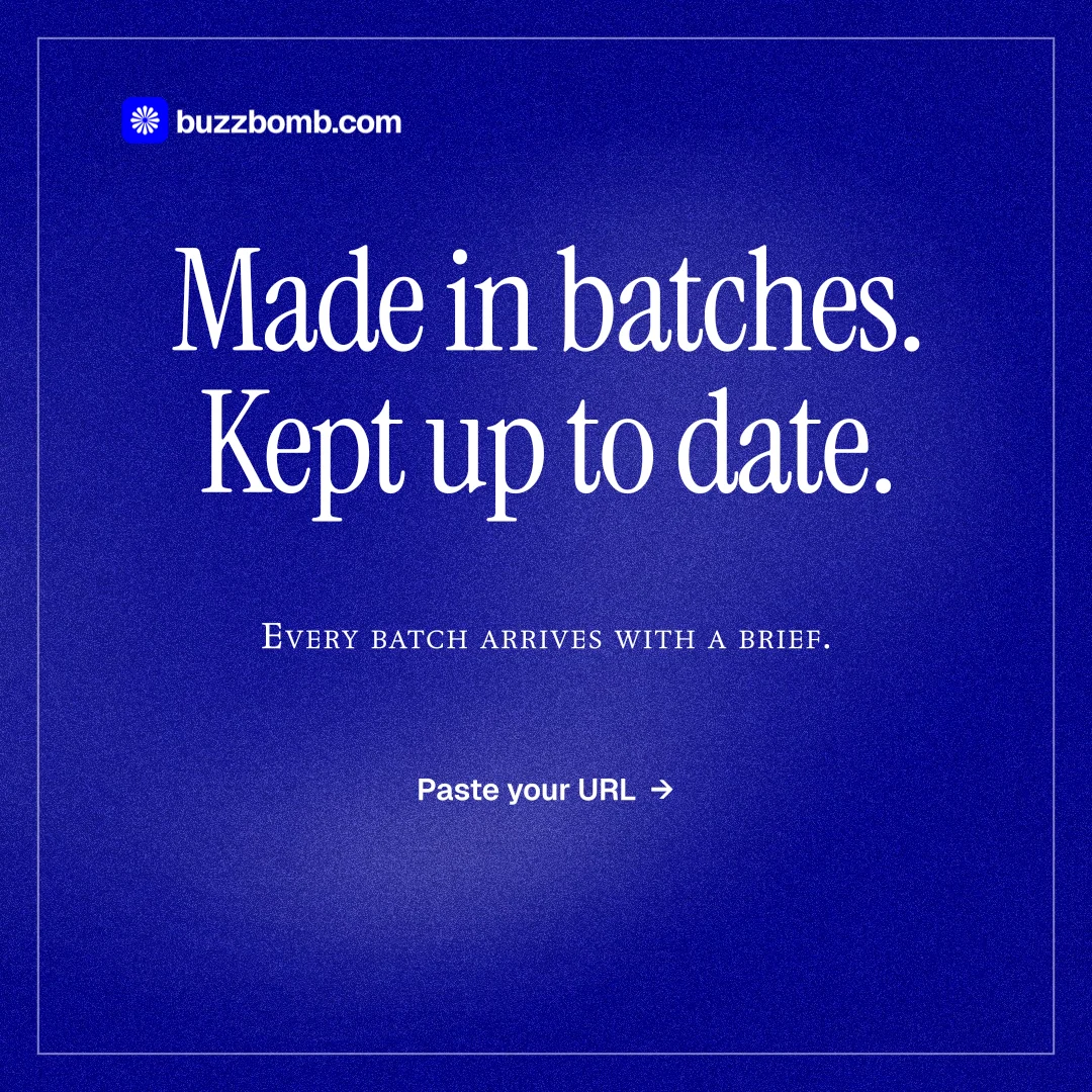 Instagram post for BuzzBomb: "Made in batches. Kept up to date." Editorial style, smallcaps layout, dark palette in blue.