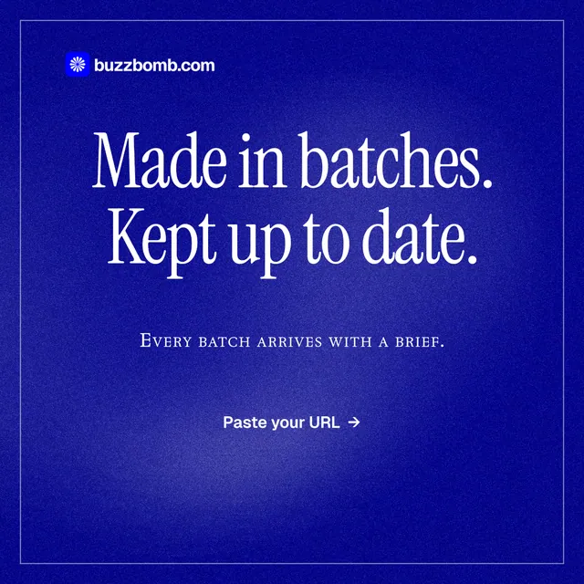 Instagram post for BuzzBomb: "Made in batches. Kept up to date." Editorial style, smallcaps layout, dark palette in blue.