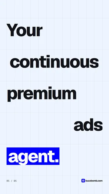 Video for BuzzBomb: "Your continuous premium ads agent.". Kinetic type grid, 6.0 s, light palette.