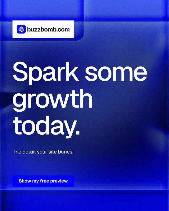 Instagram portrait post for BuzzBomb: "Spark some growth today." Swiss style, announce layout, dark palette in blue.