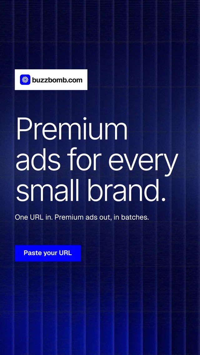 Instagram story for BuzzBomb: "Premium ads for every small brand." Swiss style, announce layout, dark palette in black, blue, grey.