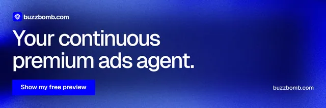 X header for BuzzBomb: "Your continuous premium ads agent." Swiss style, poster layout, dark palette in blue.