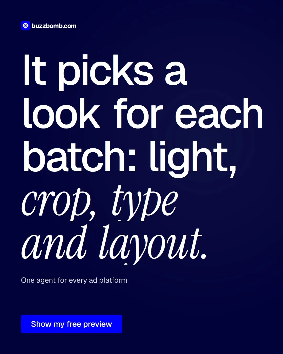 Video for BuzzBomb: "It picks a look for each batch: light, crop, type and layout.". Doc motion loop, 7.0 s, dark palette.