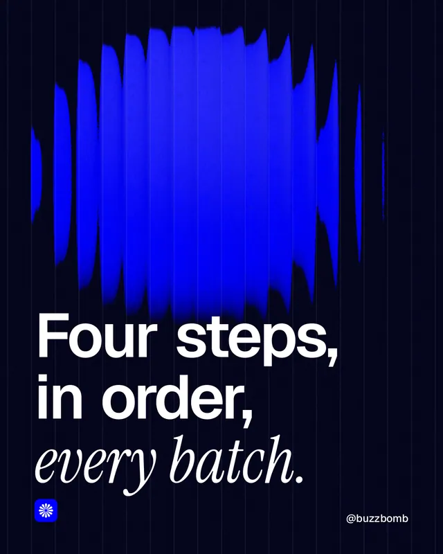 Instagram portrait post for BuzzBomb: "Four steps, in order, every batch." Auto 4x5 style, technique:shader field layout, dark palette in black, blue.