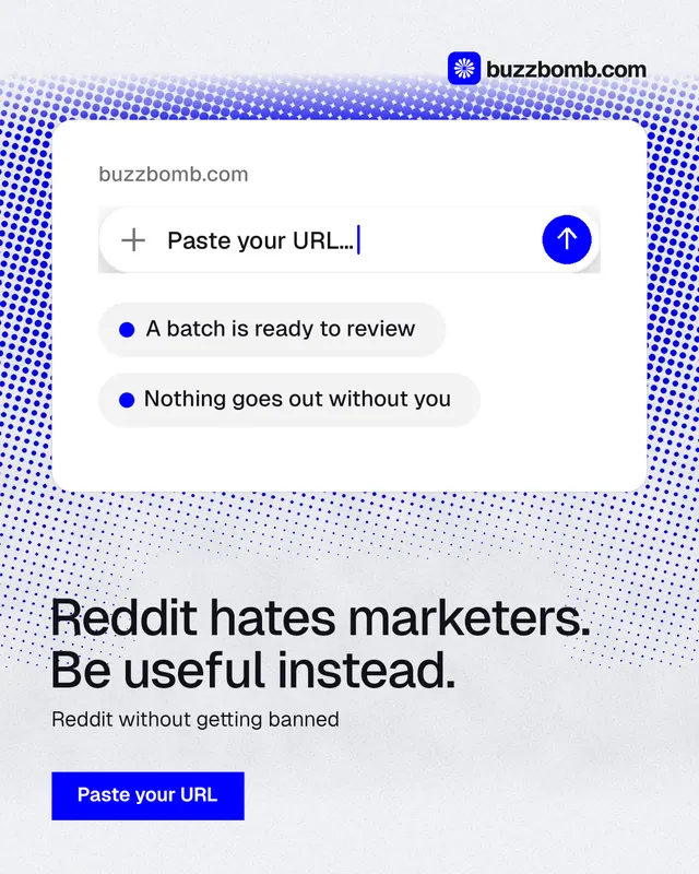 Instagram portrait post for BuzzBomb: "Reddit hates marketers. Be useful instead." Swiss style, bottom layout, light palette in blue, white.