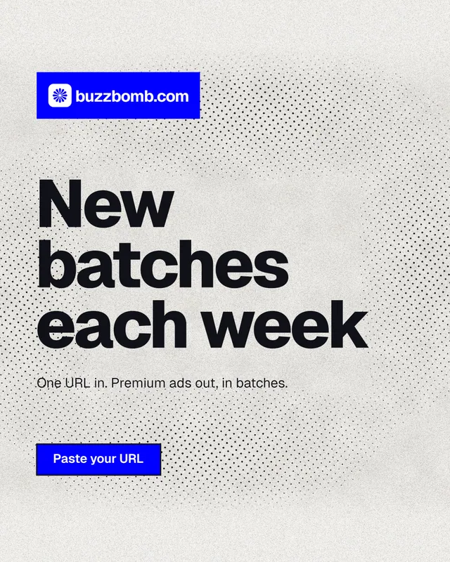 Instagram portrait post for BuzzBomb: "New batches each week". Ink sticker style, announce layout, light palette in white, blue.