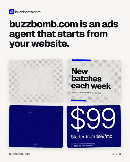 Carousel for BuzzBomb: "buzzbomb.com is an ads agent that starts from your website.". Collection carousel, 8 slides, light palette.