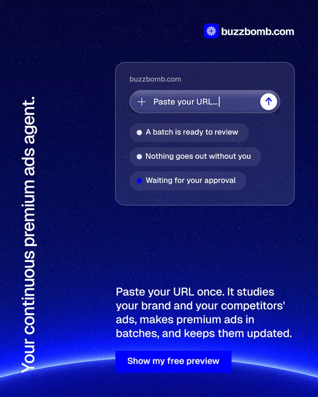 Instagram portrait post for BuzzBomb: "Your continuous premium ads agent." Swiss style, vertical layout, dark palette in blue.