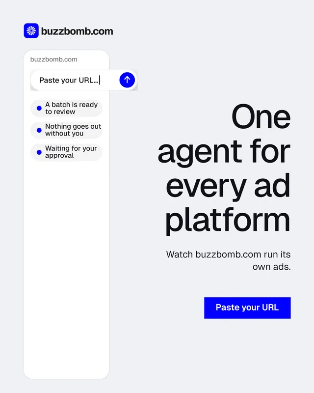 Instagram portrait post for BuzzBomb: "One agent for every ad platform". Swiss style, right layout, light palette in white, blue.