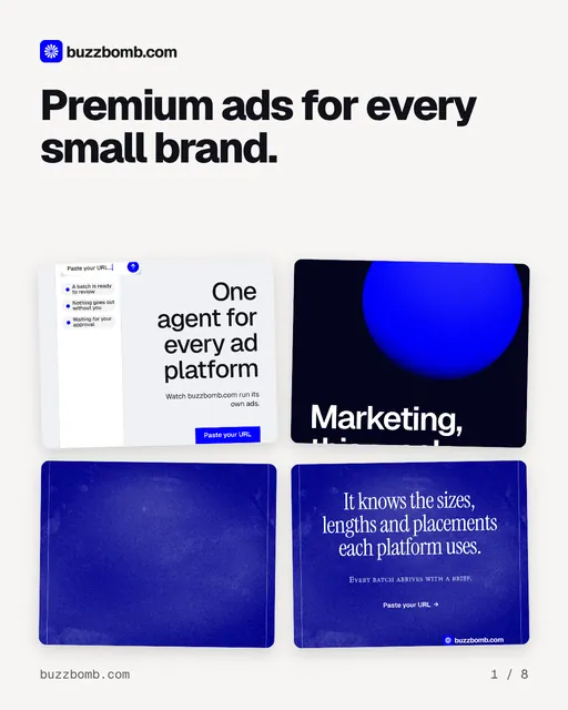 Carousel for BuzzBomb: "Premium ads for every small brand.". Collection carousel, 8 slides, light palette.