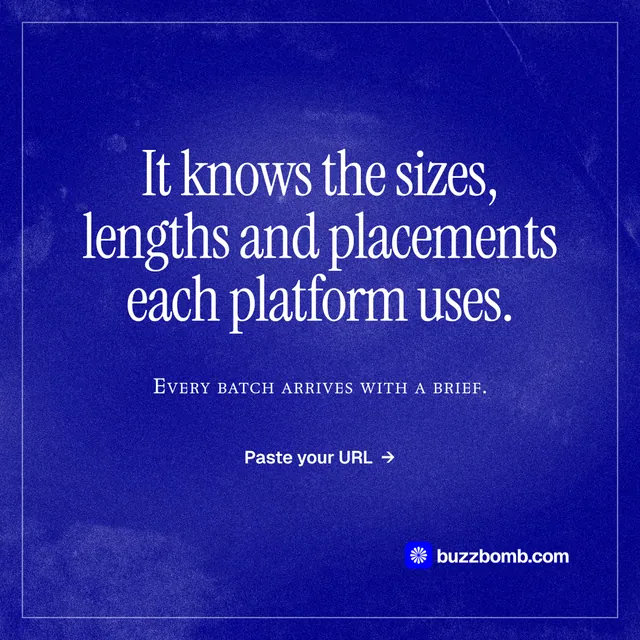 Instagram post for BuzzBomb: "It knows the sizes, lengths and placements each platform uses." Editorial style, smallcaps layout, dark palette in blue.