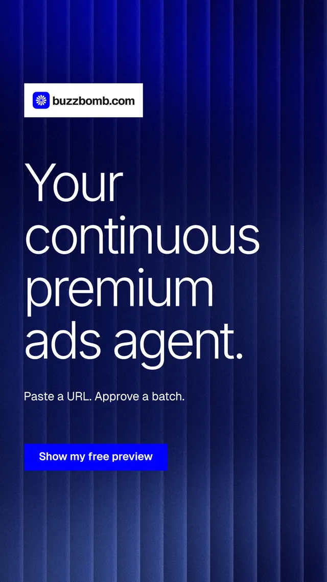 Instagram story for BuzzBomb: "Your continuous premium ads agent." Swiss style, announce layout, dark palette in blue.