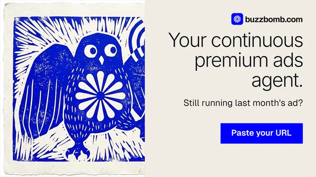 Landscape graphic for BuzzBomb: "Your continuous premium ads agent." Swiss style, right layout, light palette in yellow, blue, grey.