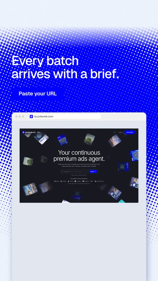 Instagram story for BuzzBomb: "Every batch arrives with a brief." Swiss style, browser layout, light palette in white, blue.