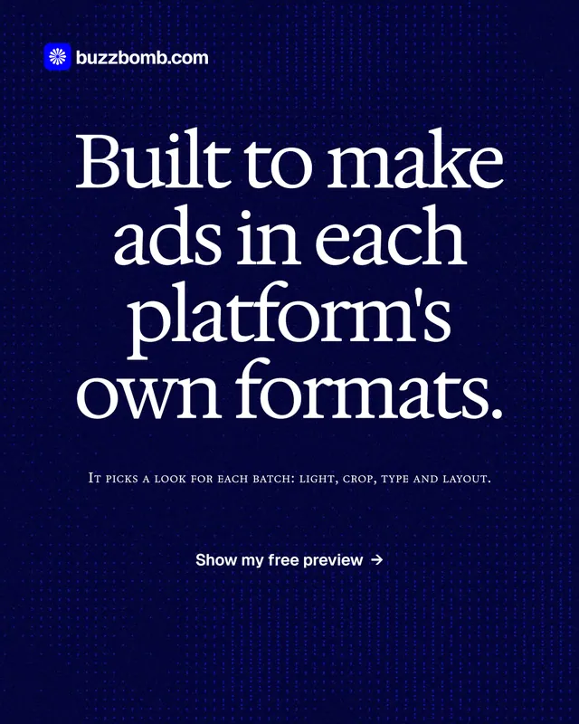 Instagram portrait post for BuzzBomb: "Built to make ads in each platform's own formats." Swiss style, smallcaps layout, dark palette in blue, black.