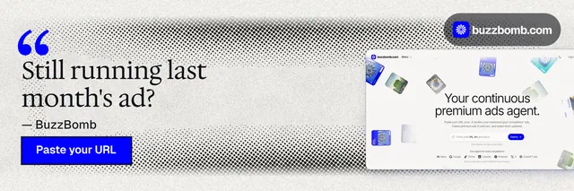 X header for BuzzBomb: "Still running last month's ad?" Ink sticker style, quote layout, light palette in white, grey.