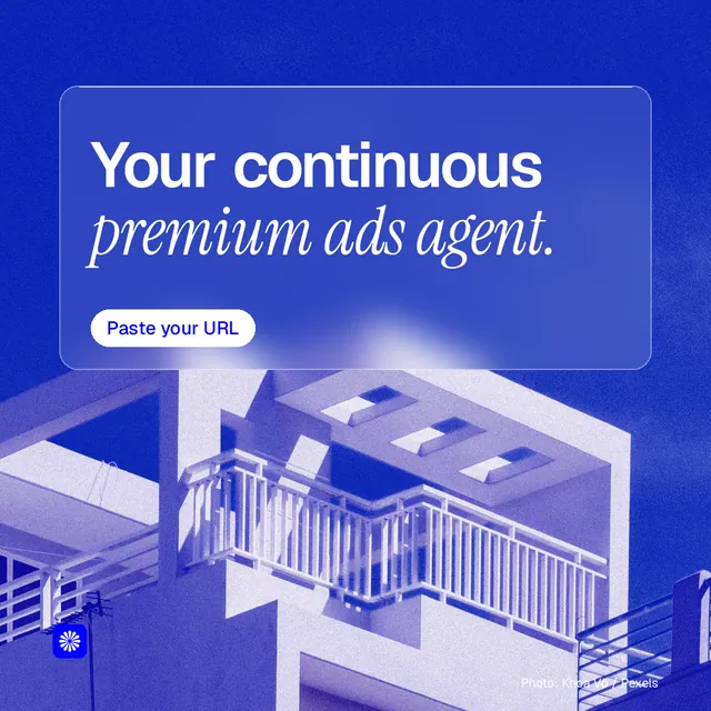 Instagram post for BuzzBomb: "Your continuous premium ads agent." Glass style, technique:pexels ingredient layout, dark palette in blue.