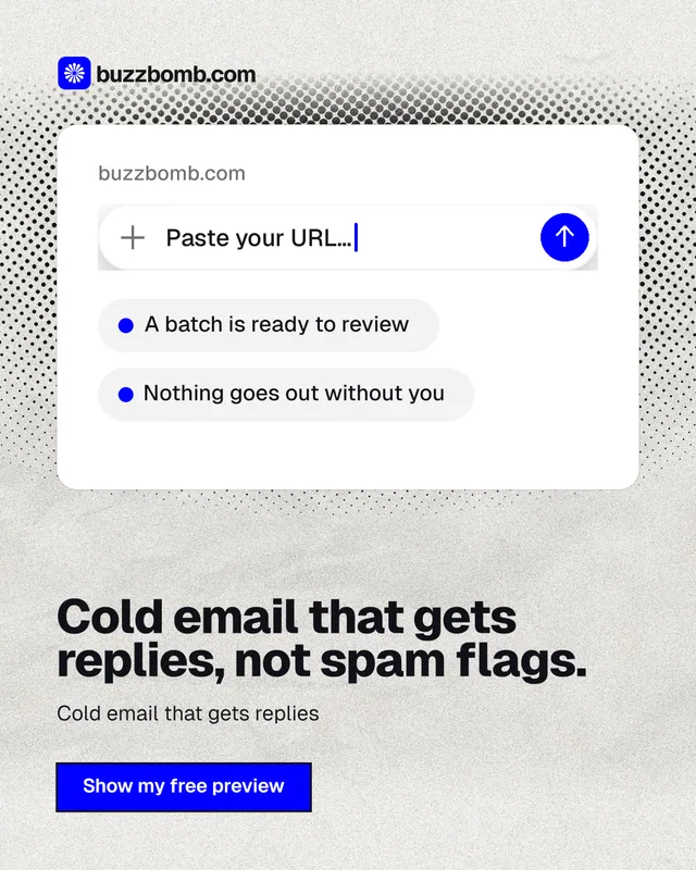 Instagram portrait post for BuzzBomb: "Cold email that gets replies, not spam flags." Ink sticker style, bottom layout, light palette in white, grey.