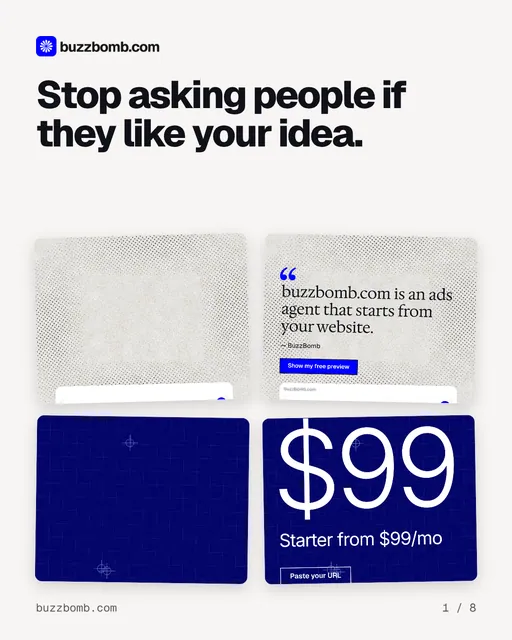 Carousel for BuzzBomb: "Stop asking people if they like your idea.". Collection carousel, 8 slides, light palette.