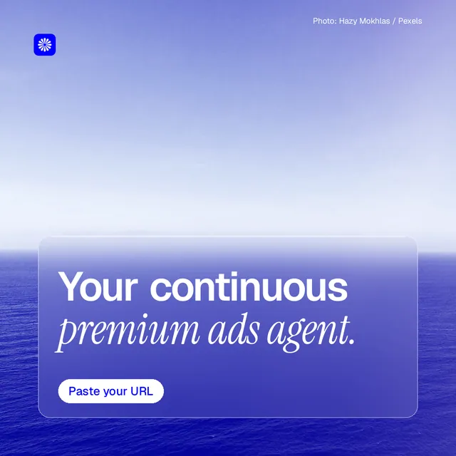 Instagram post for BuzzBomb: "Your continuous premium ads agent." Glass style, technique:pexels ingredient layout, light palette in blue, white.