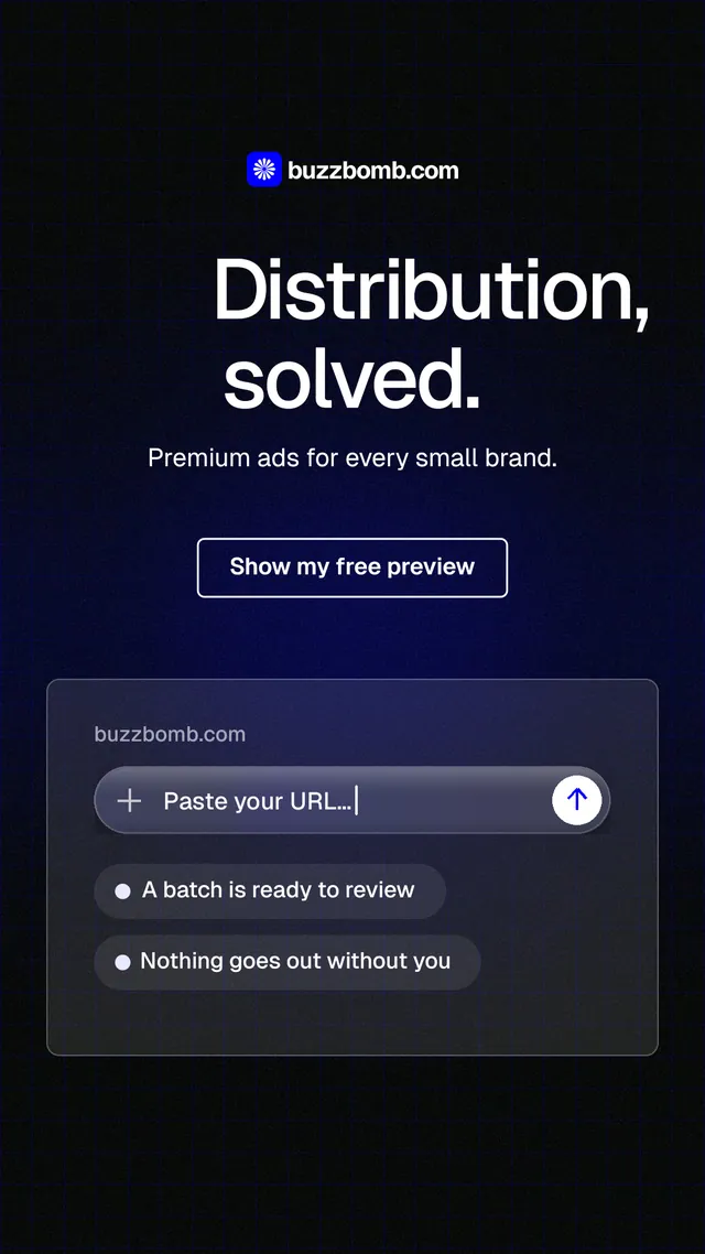 Instagram story for BuzzBomb: "Distribution, solved." Phosphor atlas style, centred layout, dark palette in black, blue, grey.
