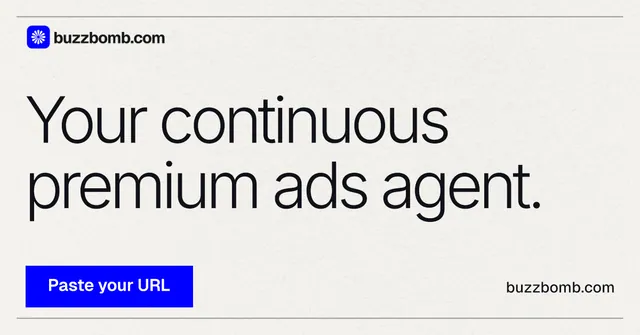 Social ad for BuzzBomb: "Your continuous premium ads agent." Swiss style, poster layout, light palette in white, blue.
