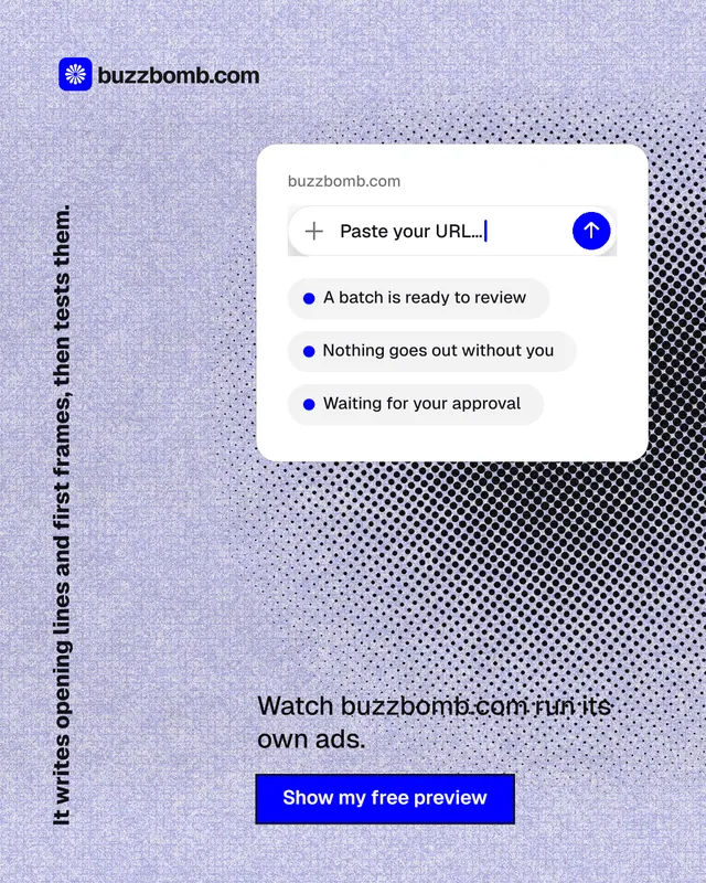 Instagram portrait post for BuzzBomb: "It writes opening lines and first frames, then tests them." Ink sticker style, vertical layout, light palette in blue, grey, white.