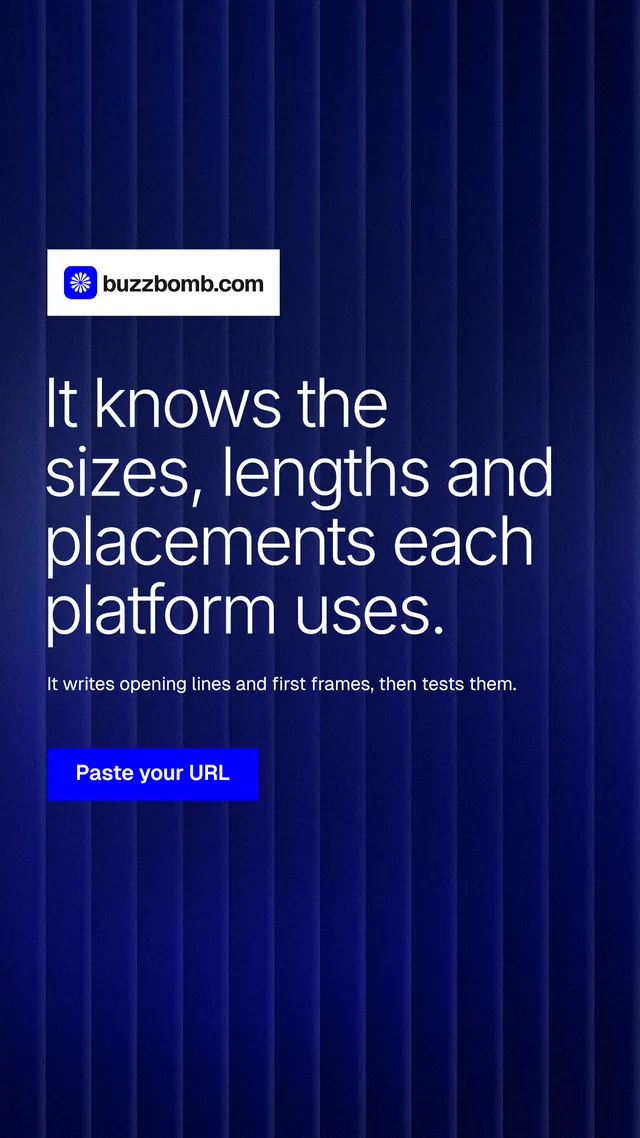 Instagram story for BuzzBomb: "It knows the sizes, lengths and placements each platform uses." Swiss style, announce layout, dark palette in blue.