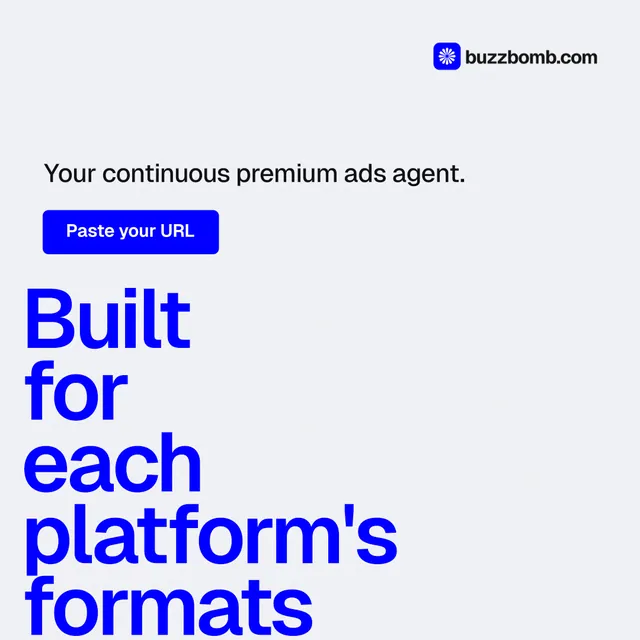 Instagram post for BuzzBomb: "Built for each platform's formats." Data card style, oversized layout, light palette in white, blue.