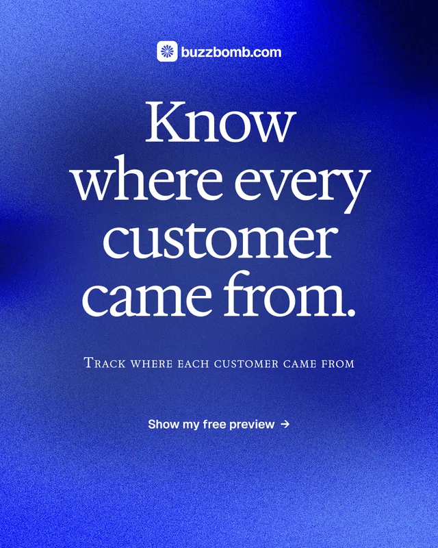 Instagram portrait post for BuzzBomb: "Know where every customer came from." Swiss style, smallcaps layout, dark palette in blue.
