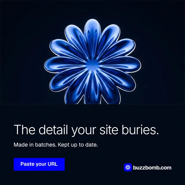 Instagram post for BuzzBomb: "The detail your site buries." Swiss style, bottom layout, dark palette in black, blue.